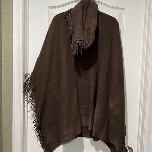 Chocolate brown fringed poncho with matching scarf, never worn!